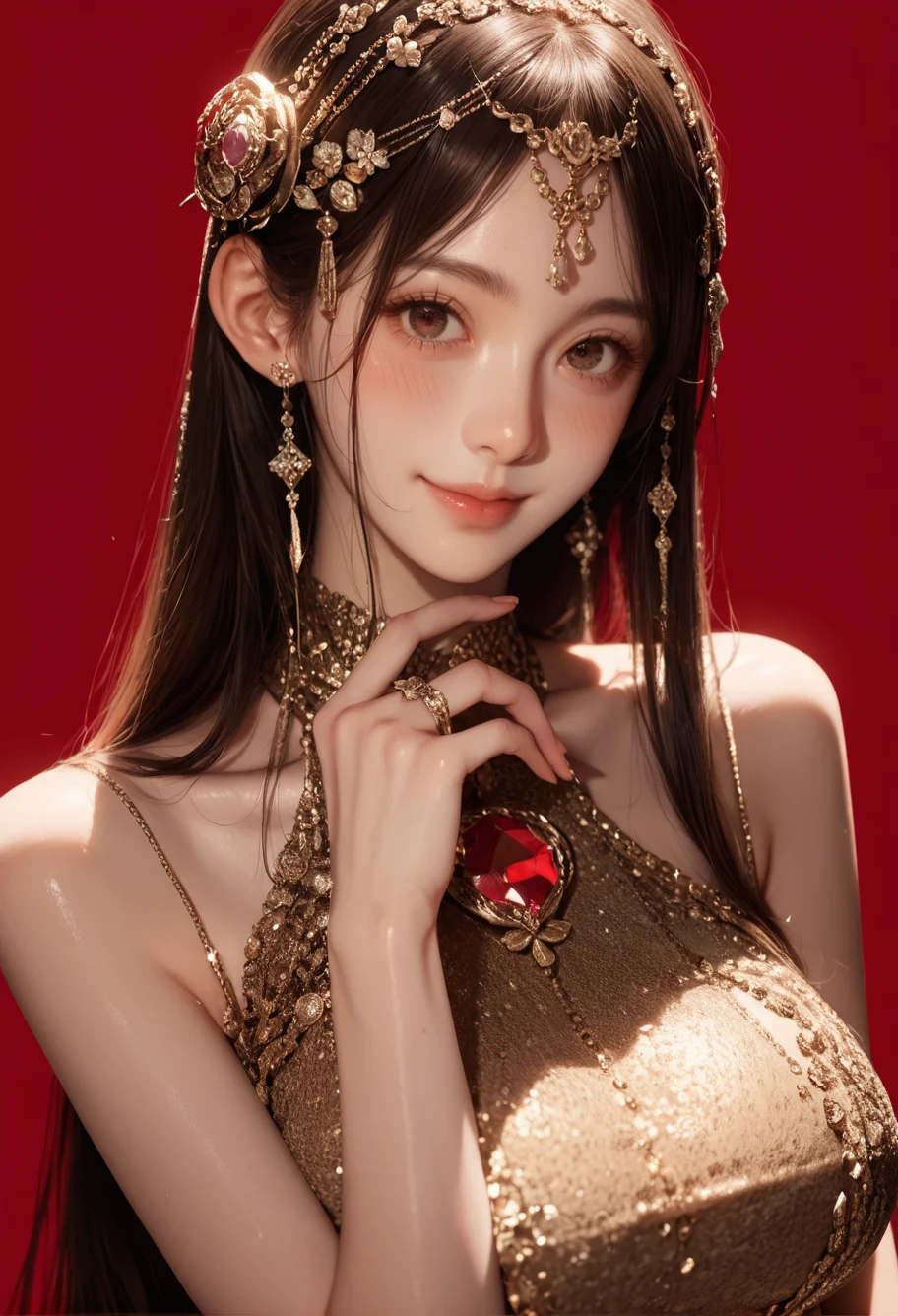 1girl,red background,,ruanyi1009,sleeveless dress,jewelry,gem,hair ornament,<lora:1009 performance clothes_v1_pony:1>, score_9, score_8_up, score_7_up, score_6_up, score_9, score_8_up, score_7_up, score_6_up source_anime, blush, 1girl, seduce smile, perfect body , natural huge breasts