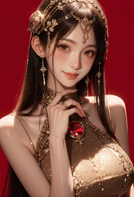 1girl,red background,,ruanyi1009,sleeveless dress,jewelry,gem,hair ornament,<lora:1009 performance clothes_v1_pony:1>, score_9, score_8_up, score_7_up, score_6_up, score_9, score_8_up, score_7_up, score_6_up source_anime, blush, 1girl, seduce smile, perfect body , natural huge breasts