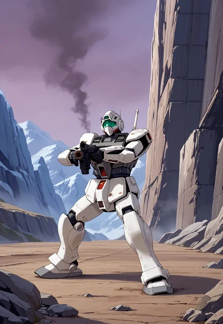 score_9, score_8_up, score_7_up, source_anime, cowboy shot, side view, BREAK, ( gm_cold_districts_type, no head, smoke coming from head, fire coming from head, wrecked, damage all over body, rifle, aiming to the side, ) 1mech, mech focus, solo, BREAK, antarctic base, futuristic ground, ice cliffs, wrecked vehicle,