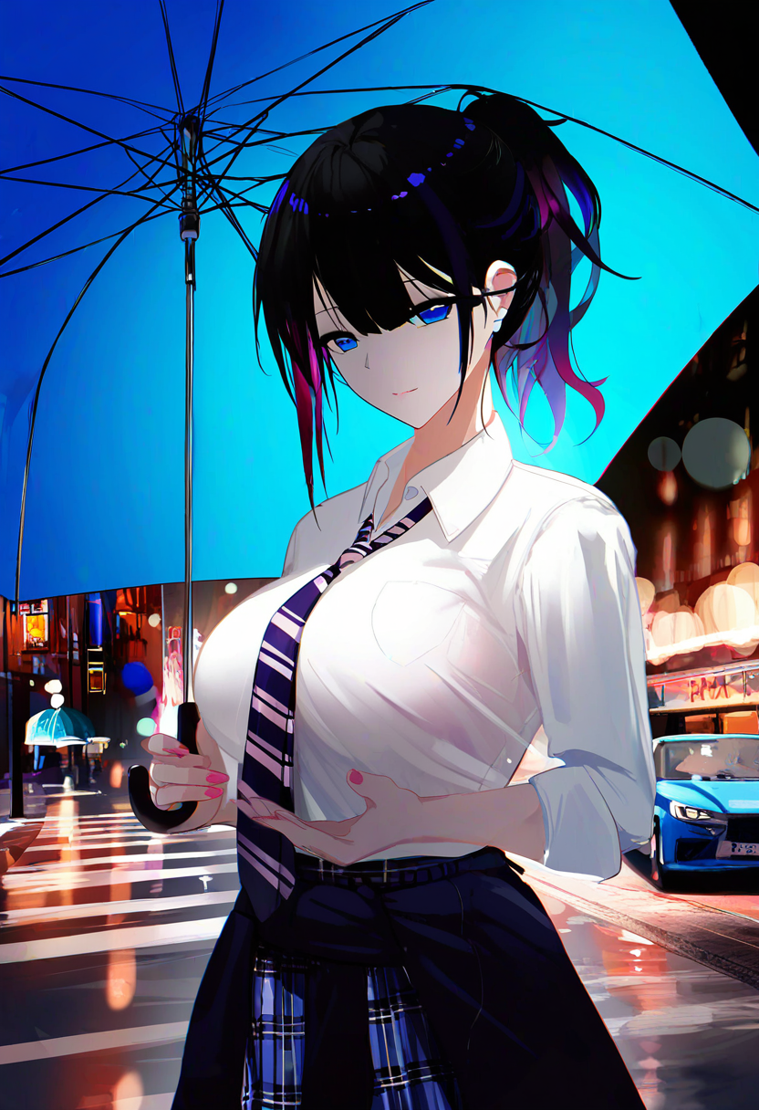 masterpiece,best quality,amazing quality,absurdres,aesthetic,newest,
nanami \(doa\), 1girl,solo,short ponytail, wavy ponytail, bangs, hair over eyes, single sidelock, streaked hair,
artist:omone hokoma agm,
blue_umbrella,holding umbrella, looking at viewer,light smile, head tilt, large breasts,school uniform, necktie, striped necktie, sweater around waist, clothes around waist, sleeves rolled up, wing collar, white shirt, skirt, plaid, plaid skirt, pink nails, nail polish, upper body,rainy cityscape, Reflection of light,rim lighting,bokeh,sidewalk,runing cars,motion_blur,light light_trail,convenient_store at a side,backlighting,dark,midnight,dramatic lighting,high_contrast,
 <lora:doa_nanami_noobxl_vpred10_v10:0.7000000000000001>