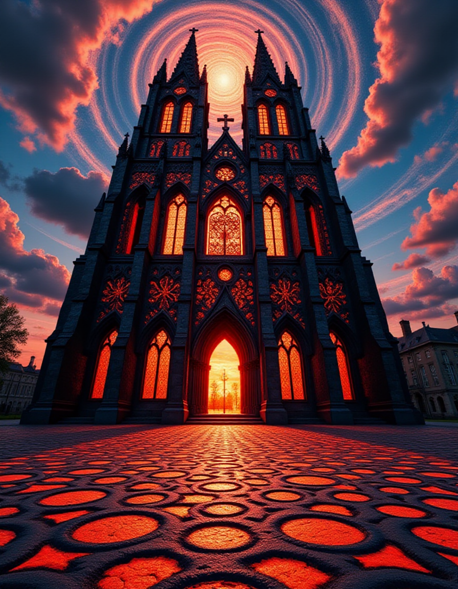 A towering cathedral made entirely of burned shapes rises against a swirling, prismatic sky. Its walls are scorched with fractal patterns of circles, triangles, and hexagons, glowing faintly with psychedelic colors. Inside, the stained glass windows are blackened outlines that project shifting, kaleidoscopic light across the floor, which is also scorched with an endless maze of hypnotic designs.
<lora:ral-brndptch_000002000:1>