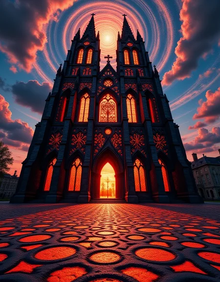 A towering cathedral made entirely of burned shapes rises against a swirling, prismatic sky. Its walls are scorched with fractal patterns of circles, triangles, and hexagons, glowing faintly with psychedelic colors. Inside, the stained glass windows are blackened outlines that project shifting, kaleidoscopic light across the floor, which is also scorched with an endless maze of hypnotic designs.
<lora:ral-brndptch_000002000:1>