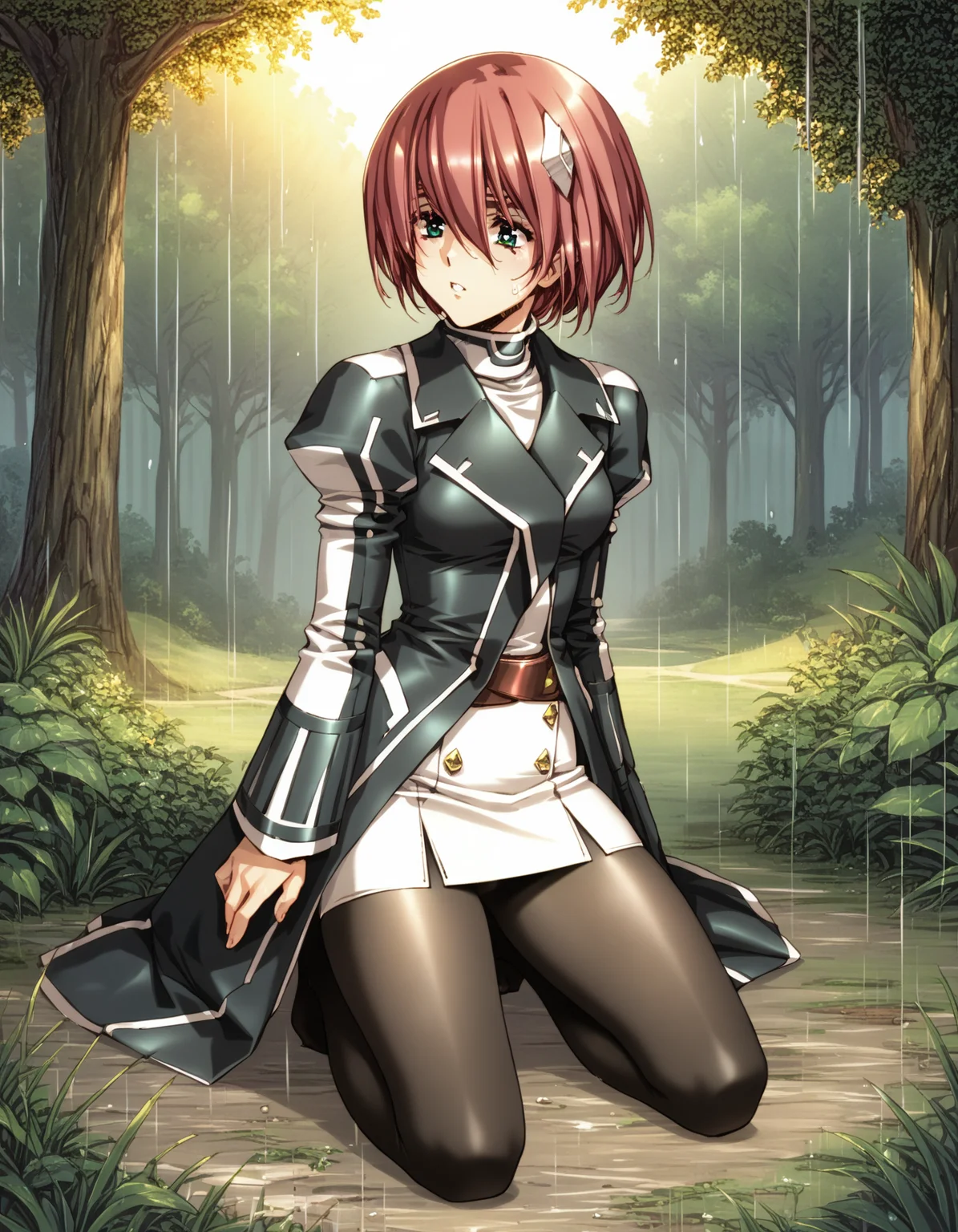 score_9, score_8_up, score_7_up
<lora:elessa-ponyxl-000130:1> elessa, elessa, juliet sleeves, coat, microskirt, white skirt, pantyhose,
1girl, solo, kneeling on the ground, outdoors, rain, lush green forest, sunset, from front