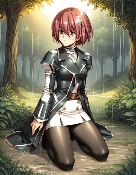 score_9,  score_8_up, score_7_up
<lora:elessa-ponyxl-000130:1> elessa, elessa, juliet sleeves, coat, microskirt, white skirt, pantyhose,
1girl, solo, kneeling on the ground, outdoors, rain, lush green forest, sunset, from front