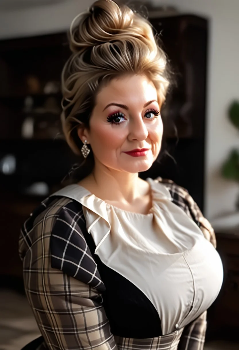 Voluptuous, attractive 80 years old woman, mascara, long eye-lashes, eyeliner, Dark-brown hairbun, huge ass, tight silk blouse, tight plaid trousers, deep-cutting panty lines
booty-view, glancing over shoulder
Old fashioned fairground
<lora:Carolanne_Pony:0.7>