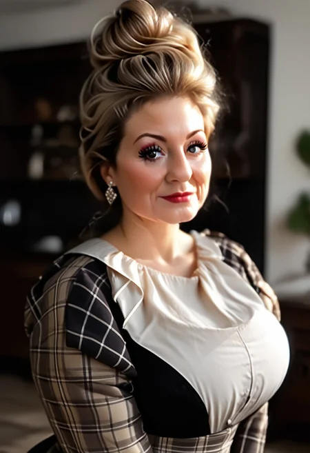 Voluptuous, attractive 80 years old woman, mascara, long eye-lashes, eyeliner, Dark-brown hairbun, huge ass, tight silk blouse, tight plaid trousers, deep-cutting panty lines
booty-view, glancing over shoulder
Old fashioned fairground
<lora:Carolanne_Pony:0.7>