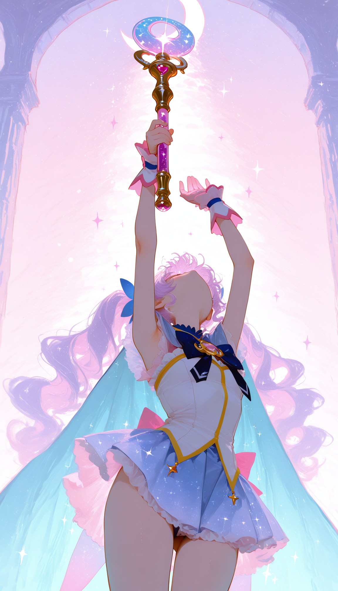 masterpiece, best quality, amazing quality, very aesthetic, absurdres, highres, newest, 2024, HDR, 8K, high detailed, detailed background,
1gilr, twintails, long hair, wavy hair, magical girl, twin-tail hair, magic stick, mini skirt, cape, standing, arms-up, legs-up, upper body, dynamic pose, cowboy shot, sketch, pastel colors, shining, sparkle, cute atmosphere, cute pose, the crescent moon, fairy-tale effects,