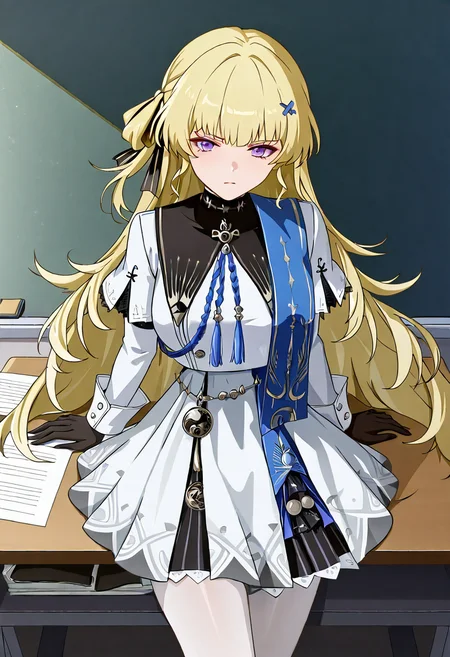 1girl, solo, phoebe wuthering waves, blonde hair, purple eyes, black gloves, blue sash, side cape, blue cape, long sleeves, white dress, white pantyhose, looking at viewer,
leaning over desk, tilted head, serious expression, pov desk interaction, cluttered study room, mid-range, three-quarter view, notes and papers scattered, focused tension
, <lora:Character_Phoebe-000015:0.8>