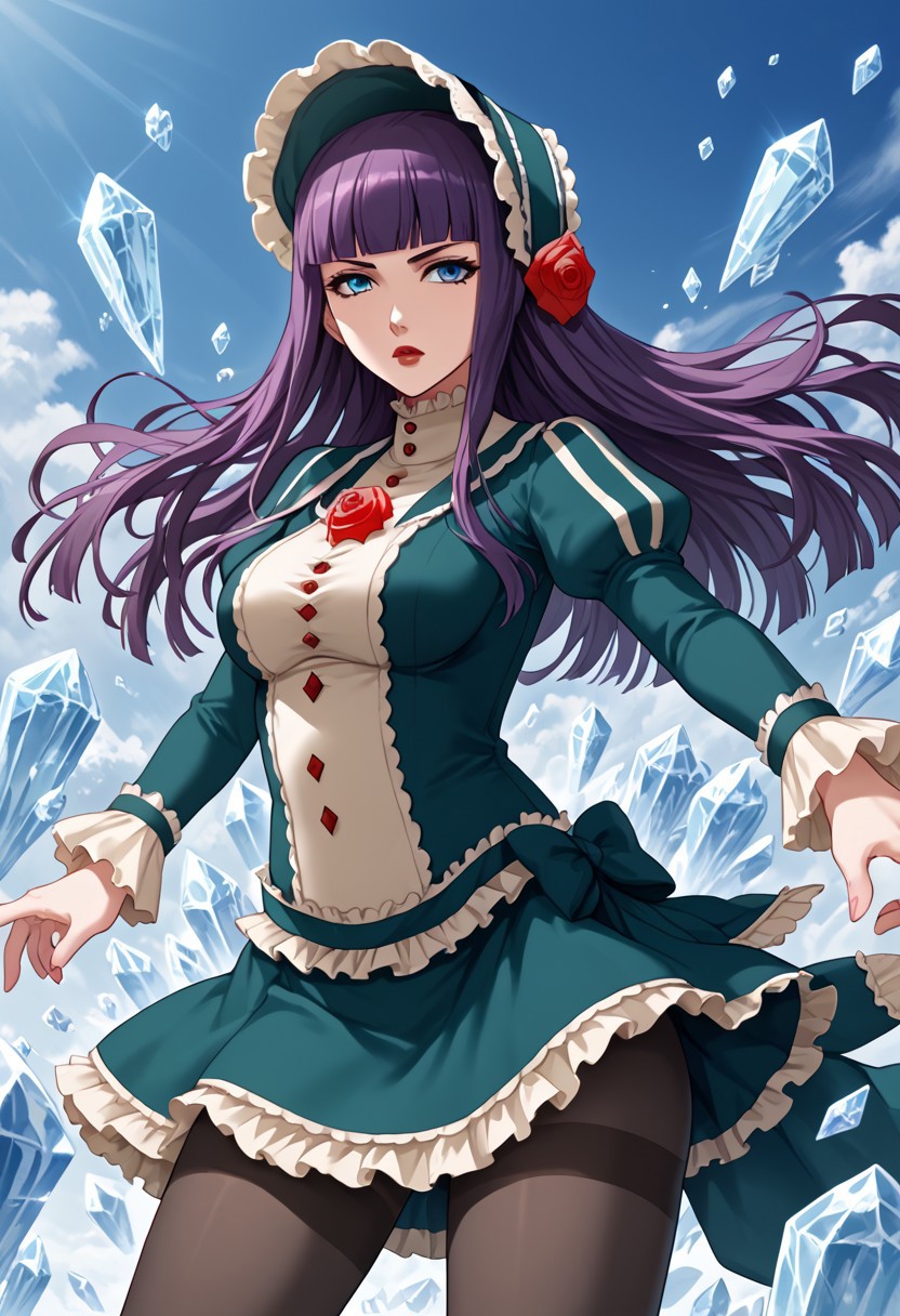 score_9,score_8_up,score_7_up,source_anime,5_figner,2d_animation,game cg,BREAK,1girl,solo,Loretta Lecarde,purple hair,blunt bangs,hime cut,blue eyes,long hair,red lips.lolitafashion,bonnet,pantyhose,red rose,dress,mini skirt,
medium breasts,front view,looking at viewer,serious,
spread arms,ice,crystal,magic,
masterpiece,best qualit,ultra-detailed,illustration,an extremely delicate and beautiful,beautiful detailed eyes,unity 8k wallpaper,high resolution,anime CG,official_art,