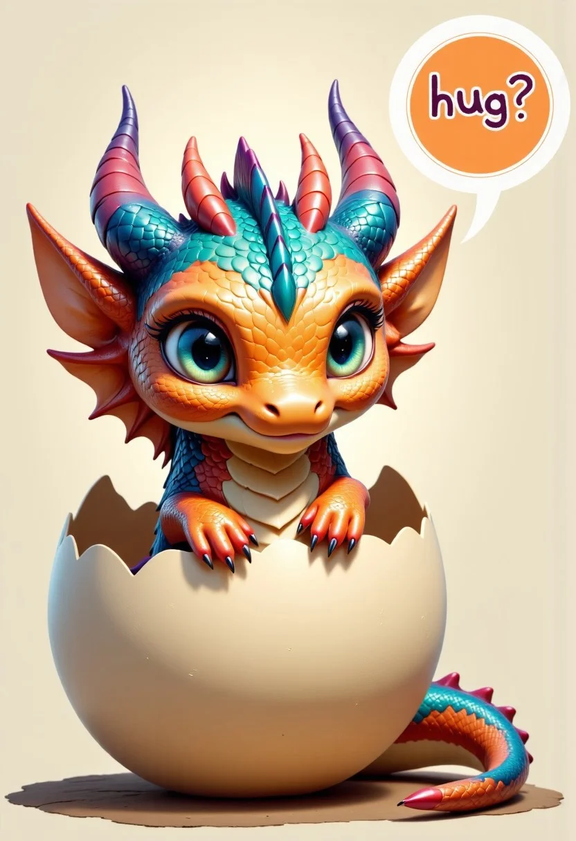 The picture captures the moment when a chibi dragon hatches from an egg, the head looks out of the top of the egg, the shell is on his head, the dragon looks super cute at the viewer, above him is a speech bubble with the inscription "hug ?", cuteness overload, its scales have rainbow colors, the dragon stretches its arms out to the viewer, the dragon has sparkling eyes, it just wants to be cuddled
