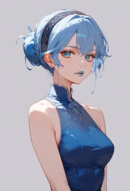 score_9, score_8_up, score_7_up,source_anime, high res image,masterpiece,best quality, simple background, rating explicit
solo
virginiaUO, blue hair, short hair, single hair bun, hairband, 1girl, blue clothes dress, blue lips