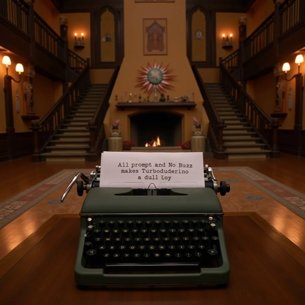 KBRCK, a close up of a typewriter sits on the center of a wooden table in the grand hall of a western themed lodge, the text on the paper in the typewriter reads 'All prompt and No Buzz makes Turboduderino a dull boy', the typewriter is on the center of a wooden table, native American decorations fill the lodge, two stair cases on either side of a massive fire place in the background, cinematic image