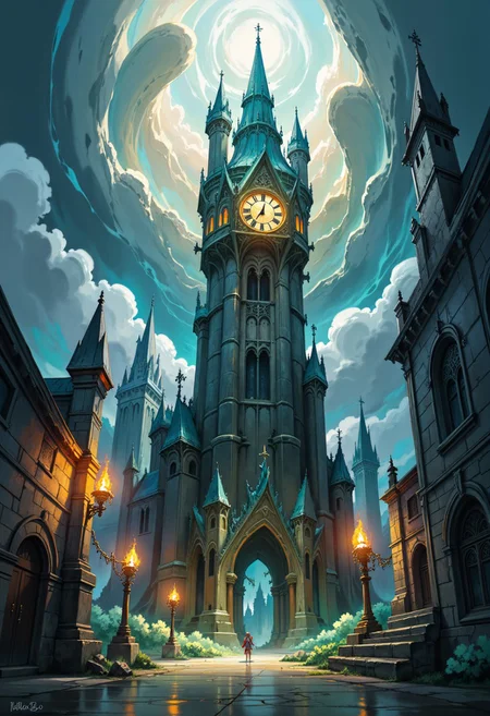 An atmospheric and powerful dark fantasy, natural organic and impressionist classical-style painting of Gritty clock tower in Altdorf, (towering height:1.1), (weathered clock face:1.1) cracked and stained, (dark stone:1.1) covered in (lichens and grime:1.1), (gothic spires:1.1) piercing a stormy sky, (ominous shadows:1.1) creeping along the walls, (flickering torches:1.2) casting eerie light, atmospheric tension, sense of decay, rich in detail.