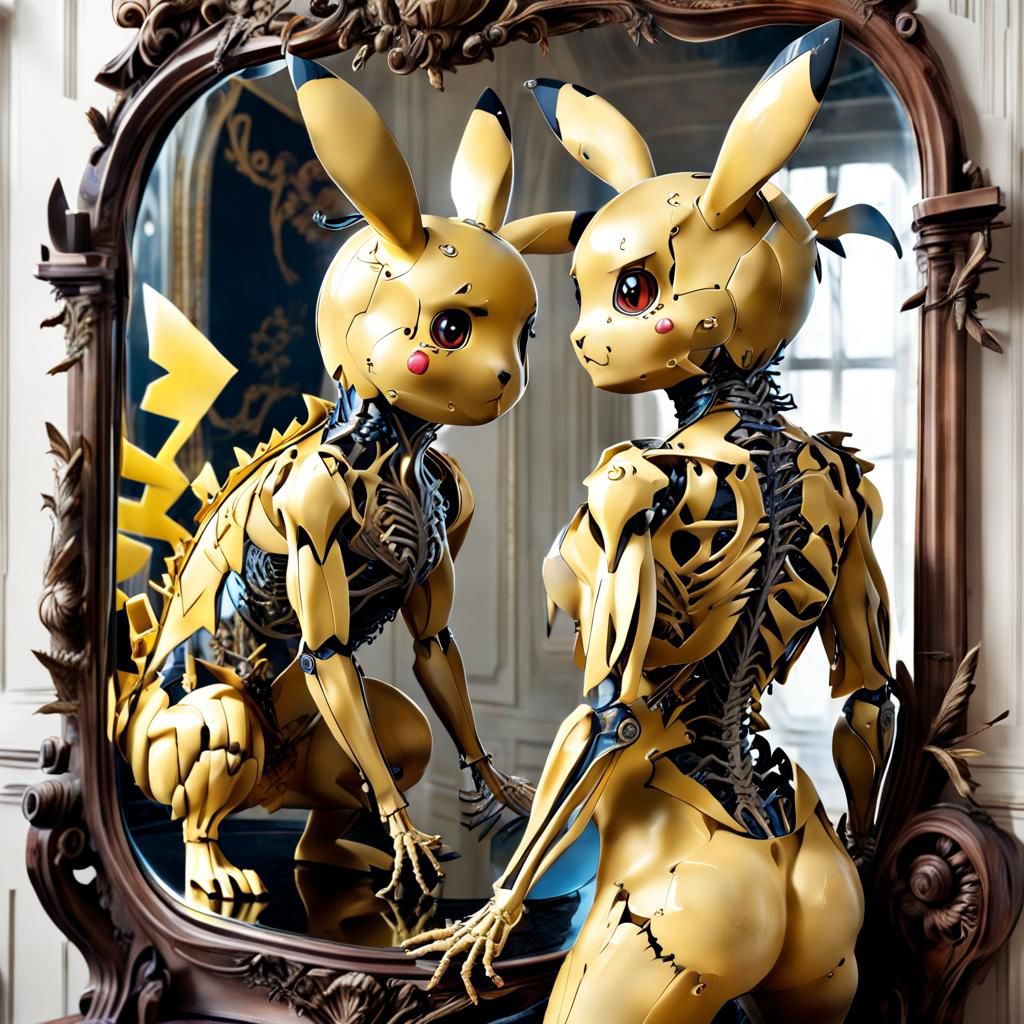 [pikachu mirror reflection : [pikachu |, intricate skeletal body :10]
BREAK
, from behind, looking into a mirror  <lora:GeorgianStyle:1> GeorgianStyle