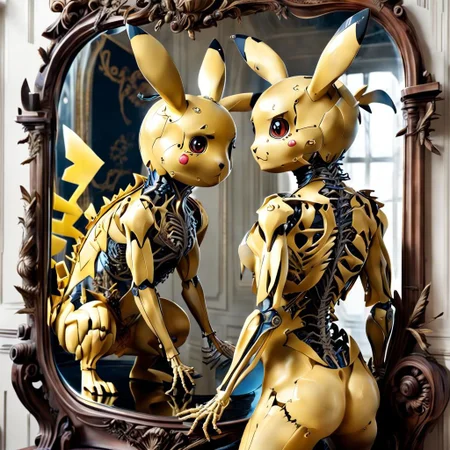 [pikachu mirror reflection : [pikachu |, intricate skeletal body :10]
BREAK
, from behind, looking into a mirror  <lora:GeorgianStyle:1> GeorgianStyle