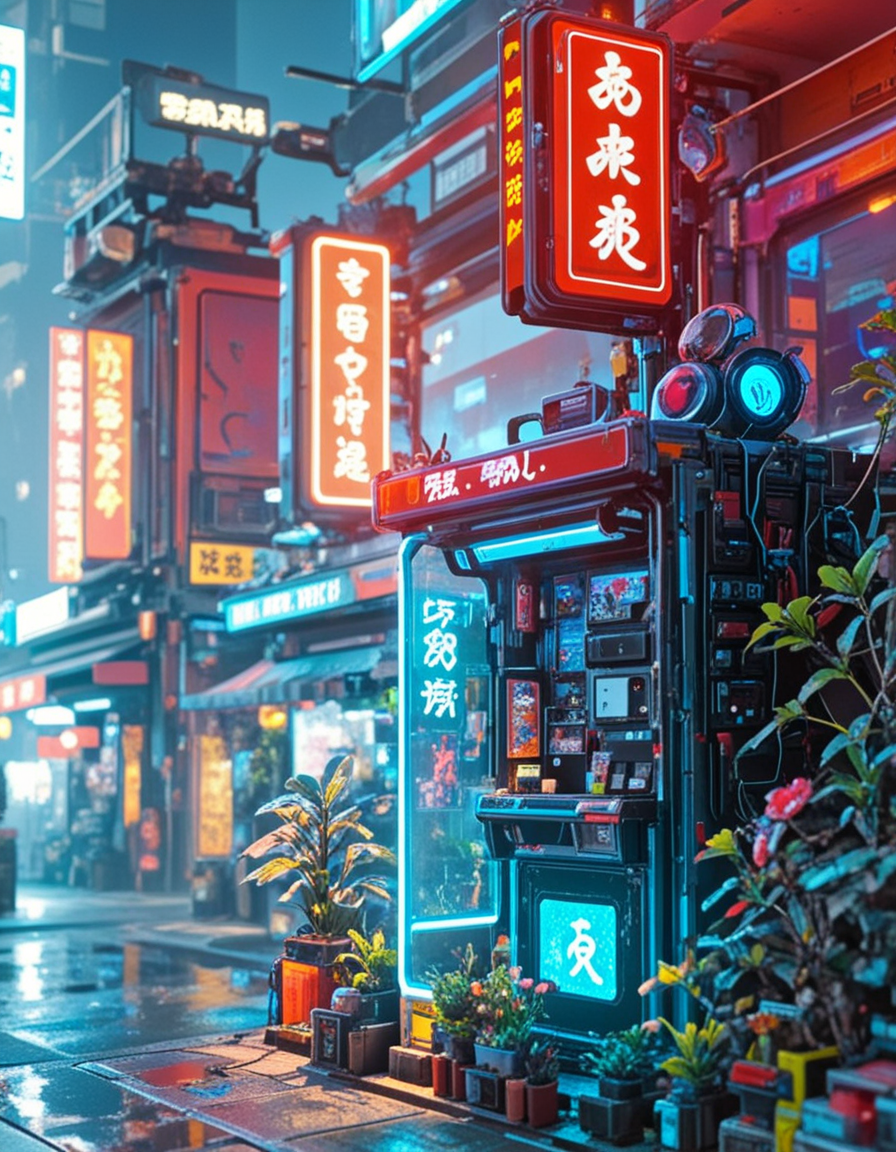 <lora:CW04xl:1> cyberpunk night market, neon kanji signs, glowing red and blue lights, futuristic vending station, dense urban environment, hazy atmosphere, soft moonlight, colorful reflections, sci-fi tech details, street camera bot, blooming plants in foreground, immersive ambiance, cinematic lighting, wet surfaces, detailed storefronts, bustling cyberpunk city, high detail, 8k, anime-inspired style, closeup,