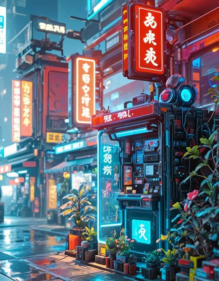 <lora:CW04xl:1> cyberpunk night market, neon kanji signs, glowing red and blue lights, futuristic vending station, dense urban environment, hazy atmosphere, soft moonlight, colorful reflections, sci-fi tech details, street camera bot, blooming plants in foreground, immersive ambiance, cinematic lighting, wet surfaces, detailed storefronts, bustling cyberpunk city, high detail, 8k, anime-inspired style, closeup,