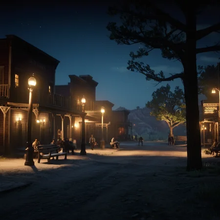 cinematic film still of  <lora:Red Dead Redemption style:1>
a street at night with a bench and street lights,outdoors,multiple boys,sky,tree,night,ground vehicle,building,scenery,city,sign,road,lamppost,street , epic, Western, adventures, outlaw, Red Dead, Western United States, wild west, cowboy, cowgirl, Open world, 1900's, realistic, cinematic, film look, dramatic light, partially covered in shadows, gang, Western-themed action-adventure, Red Dead Redemption style, shallow depth of field, vignette, highly detailed, high budget, bokeh, cinemascope, moody, epic, gorgeous, film grain, grainy