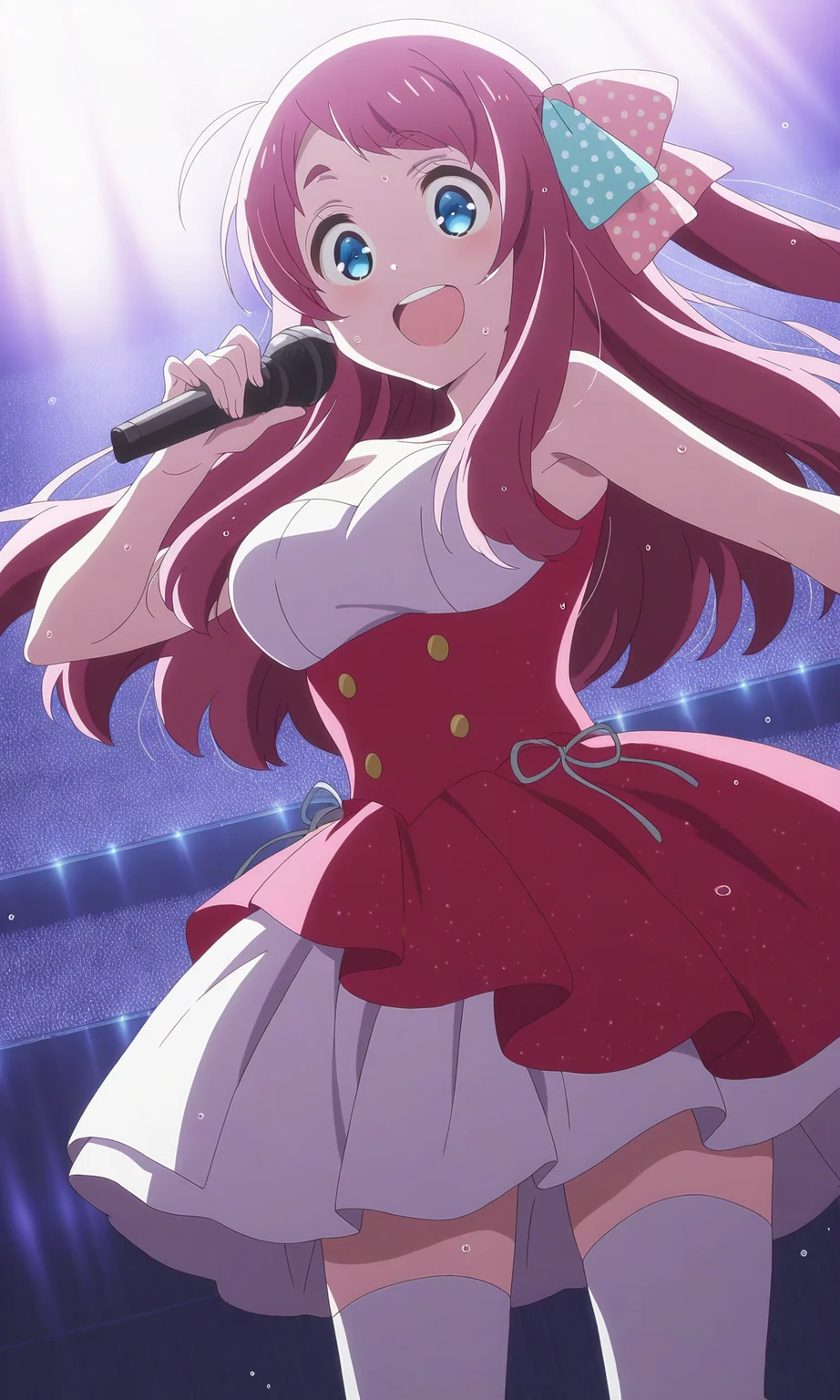 (masterpiece), (best quality), (intricate details, very aesthetic), absurdres, highres, cinematic light, 2023, 1girl, <lora:anime_screencap:1>, anime screencap, anime coloring, minamoto sakura, zombie land saga, idol, idol clothes, puffy dress, multicolored clothes, red dress, white dress, hair ornament, holding microphone, concert, backlighting, :d, upper teeth only, open mouth, wet, dutch angle, white thighhighs,cowboy shot, standing, stadium, happy