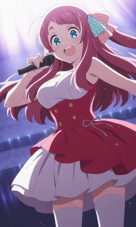 (masterpiece), (best quality), (intricate details, very aesthetic), absurdres, highres, cinematic light, 2023, 1girl, <lora:anime_screencap:1>, anime screencap, anime coloring, minamoto sakura, zombie land saga, idol, idol clothes, puffy dress, multicolored clothes, red dress, white dress, hair ornament, holding microphone, concert, backlighting,  :d, upper teeth only, open mouth, wet, dutch angle, white thighhighs,cowboy shot, standing, stadium, happy