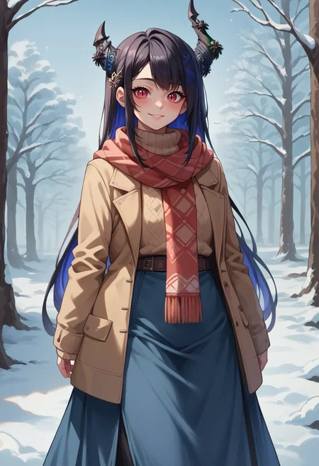 score_9, score_8_up, score_7_up, source_anime, 1girl, solo, NerissaRavencroft, colored inner hair, black hair, blue hair, red eyes, slit pupils, uneven horns, long hair, turtleneck sweater, long skirt, outdoors, scarf, winter, smile, blush, <lora:ChamNerissaRavencroftPonyXL:1>