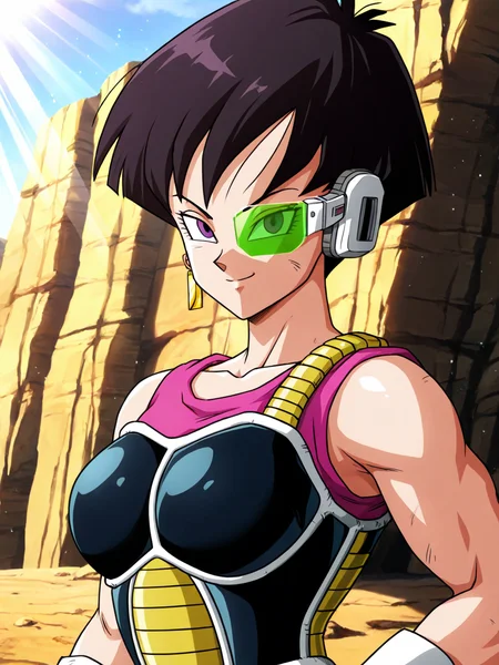 (masterpiece,best quality,newest,absurdres,highres), F4sh4, 1girl, solo, short hair, black hair, purple eyes, tinted eyewear, saiyan armor, pink leotard, outdoor, smile, upper body, outdoor, looking at viewer, sunlight, shadows, natural lighting, sunlight, light particles, light rays, sunbeam, dappled sunlight <lora:Fasha_IllustriousXL:0.8>