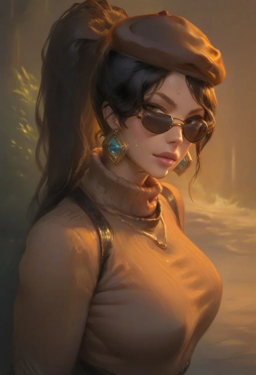 (score_9, score_8_up, score_7_up), score_6_up, best quality, masterpiece, extreme detail, perfect lighting, 4k, 2d, rating_explicit, nsfw, very detailed, best quality, highly detailed texture, depth of field, masterpiece, BREAK, 1girl, ChelXLP, chel, majestic,beautiful bright pupils, black hair, ((ponytail)),green earrings, cute face, (gorgeous face:1.3), (skin detail:1.3), (shadows:1.3), (sweat, steamy, oily, shiny:1.3), ((( black hair, large breasts,perfect body, thick thighs,
sunglasses, brown beret, gloves, black gloves, belt, sweater, boots, pants, jewelry, looking over eyewear,
fantasy, solo focus,epic, concept art, realistic, highly detailed, upper body, looking at viewer ))), looking at the viewer, detailed, intricate details, realistic,((( top view))), tan skin,cowboy shot,csr style,g4n1m3,Sculpted grace