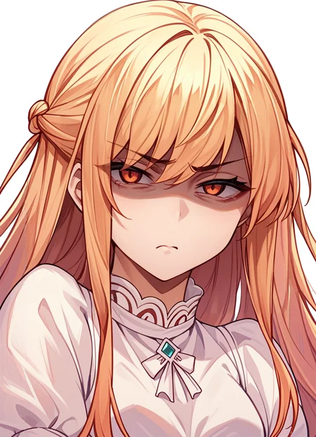 score_9,score_8_up,score_7_up,score_6_up, source_anime, <lora:disgusted_face_xl_goofy:1> disgusted face, solo, 1girl, looking at viewer, disgust, dress, upper body, white background , long hair, hair pulled back,shaded face,