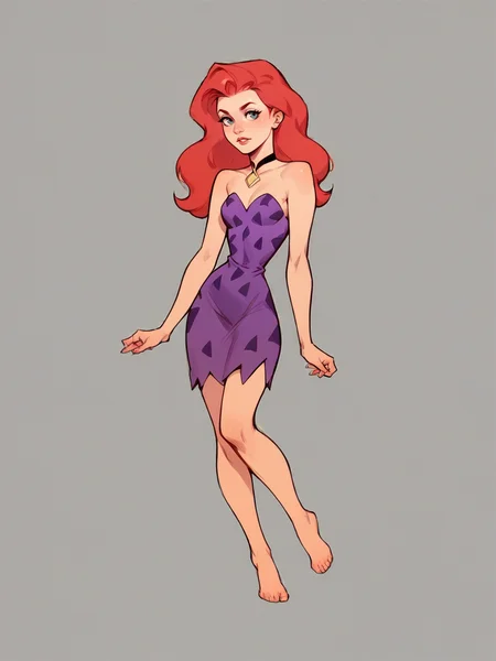 score_9, score_8_up, score_7_up, score_6_up, score_5_up, <lora:AnnMargrockXLP2:0.8> ann margrock, 1girl, red hair, long hair, solo, barefoot, purple dress,