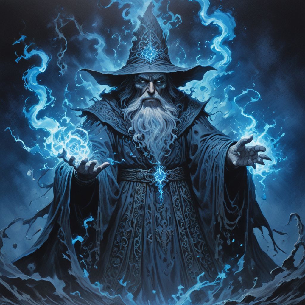 A powerful wizard summoning dark forces of blue and black to power an evil spell, art by Massimilano Frezzato, art by kev walker, art by Matisse, detailed, realistic lighting, amazing breathtaking details, evoKevWalker,