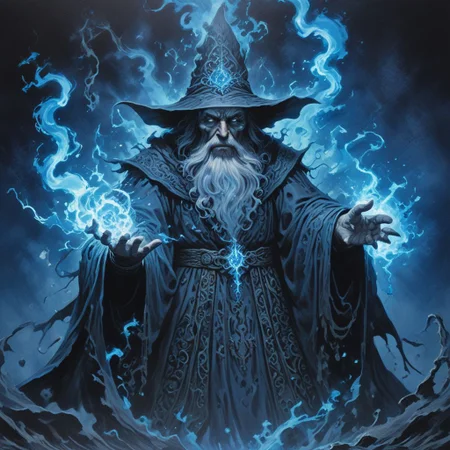 A powerful wizard summoning dark forces of blue and black to power an evil spell, art by Massimilano Frezzato, art by kev walker, art by Matisse, detailed, realistic lighting, amazing breathtaking details, evoKevWalker,