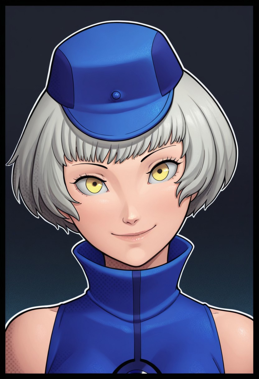 (1girl, solo),
masterpiece, best quality, amazing quality,
black border, gradient background, outline,
rzlln, ((ben-day dots)),
elizabeth \(persona\), sleeveless blue dress, hat, face focus, smile, head tilt,