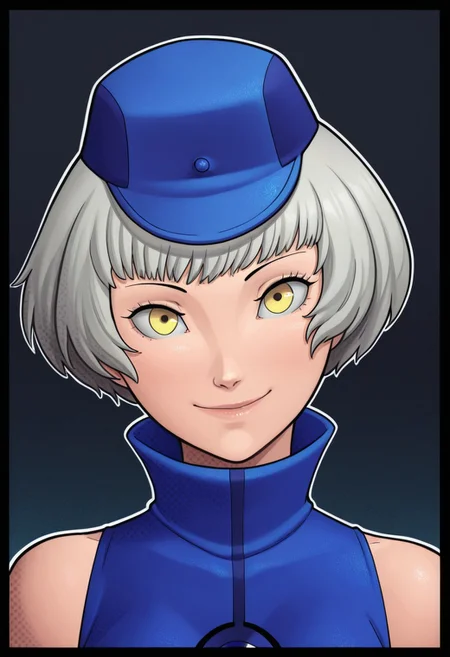 (1girl, solo),
masterpiece, best quality, amazing quality,
black border, gradient background, outline,
rzlln, ((ben-day dots)),
elizabeth \(persona\), sleeveless blue dress, hat, face focus, smile, head tilt,
