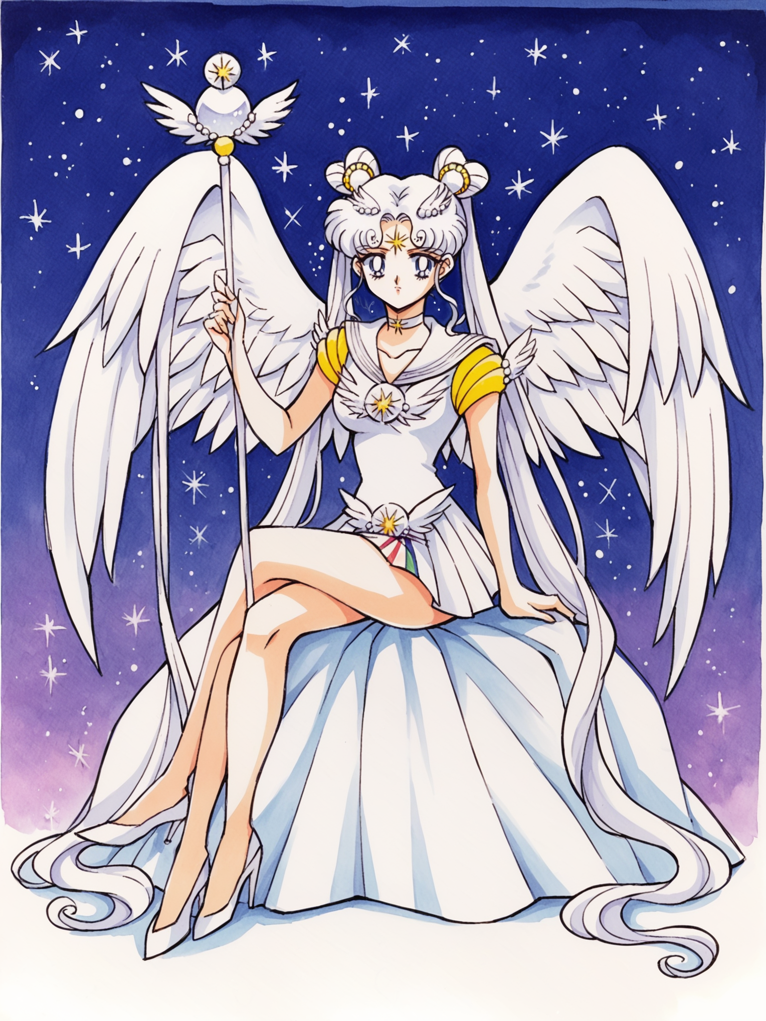 sailor cosmos, 1girl, solo, sailor senshi uniform, brooch, long hair, wings, jewelry, white sailor collar, magical girl, sailor collar, staff, crossed legs, choker, twintails, double bun, facial mark, hair bun, forehead mark, high heels, sitting, white choker, traditional media, art by Naoko Takeuchi, very long hair, bare legs, hair ornament, white footwear, white hair, angel wings, full body, shoes, score_9, score_8_up, score_7_up, score_6_up, <lora:SailorCosmosPnyXL:0.8>