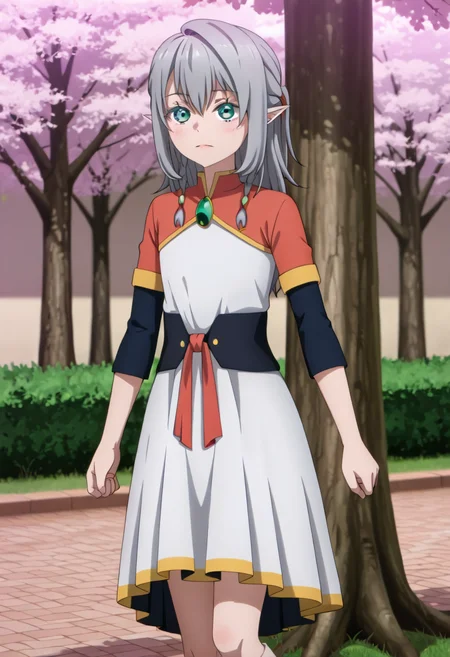 <lora:Young Tessia_IL:1>Young Tessia, 1girl, gray hair, pointed ears, elf, green eyes, white asymmetrical dress with yellow trim, red sash waist tie, black long-sleeve undershirt, green gem pendant necklace, white thigh-high socks, black crisscross strap shoes
Urban campus with cherry blossom trees