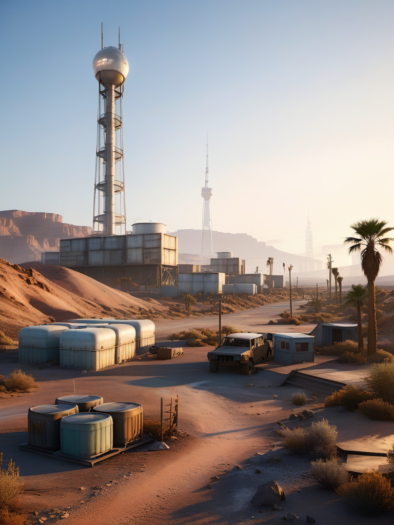 <lora:3DCyberpunkStyle_Hap_XL:1.3>, masterpiece, 3d render,ultra sharp,UHD,highres,absurdes,cyberpunk aesthetic,dusk,v-ray,screen space ambient occlusion, desert landscape, industrial structures, water towers, abandoned vehicles, arid environment, dusty atmosphere, palm trees, desert vegetation, sunset lighting, warm color palette, power lines, communication tower, damaged road barriers, desert rocks, dirt paths, eroded cliffs, distant city skyline, holographic projections, rust and wear, metal stairs, storage tanks, shadow and light contrast, clear sky, no people