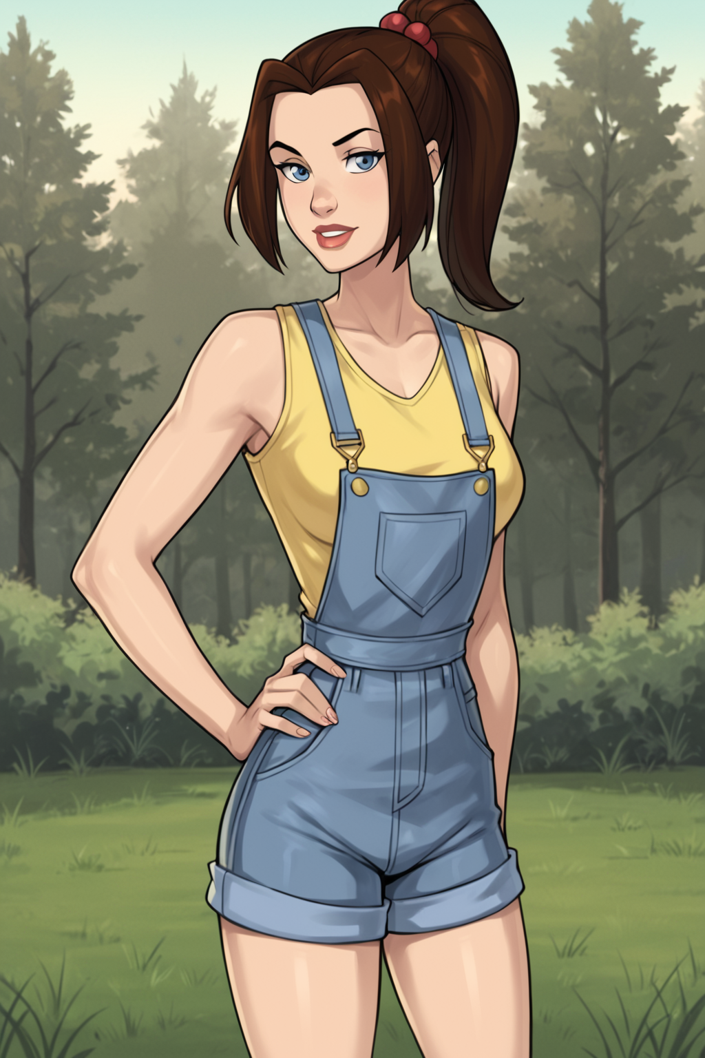 PonyXLV6_Scores BREAK ((parody), perfect anatomy, perfect eyes) <lora:add_details_xl:0.8> BREAK <lora:Shadowcat_-_X-Men_Evolution:0.8> kitty pryde, brown hair, ponytail, blue eyes, raised eyebrow, flirty, ((looking at viewer)), hair ornament, yellow tank top, overalls, overall shorts,, curvy, toned, athletic, sexually suggestive pose, standing, hands on hip, outdoors
