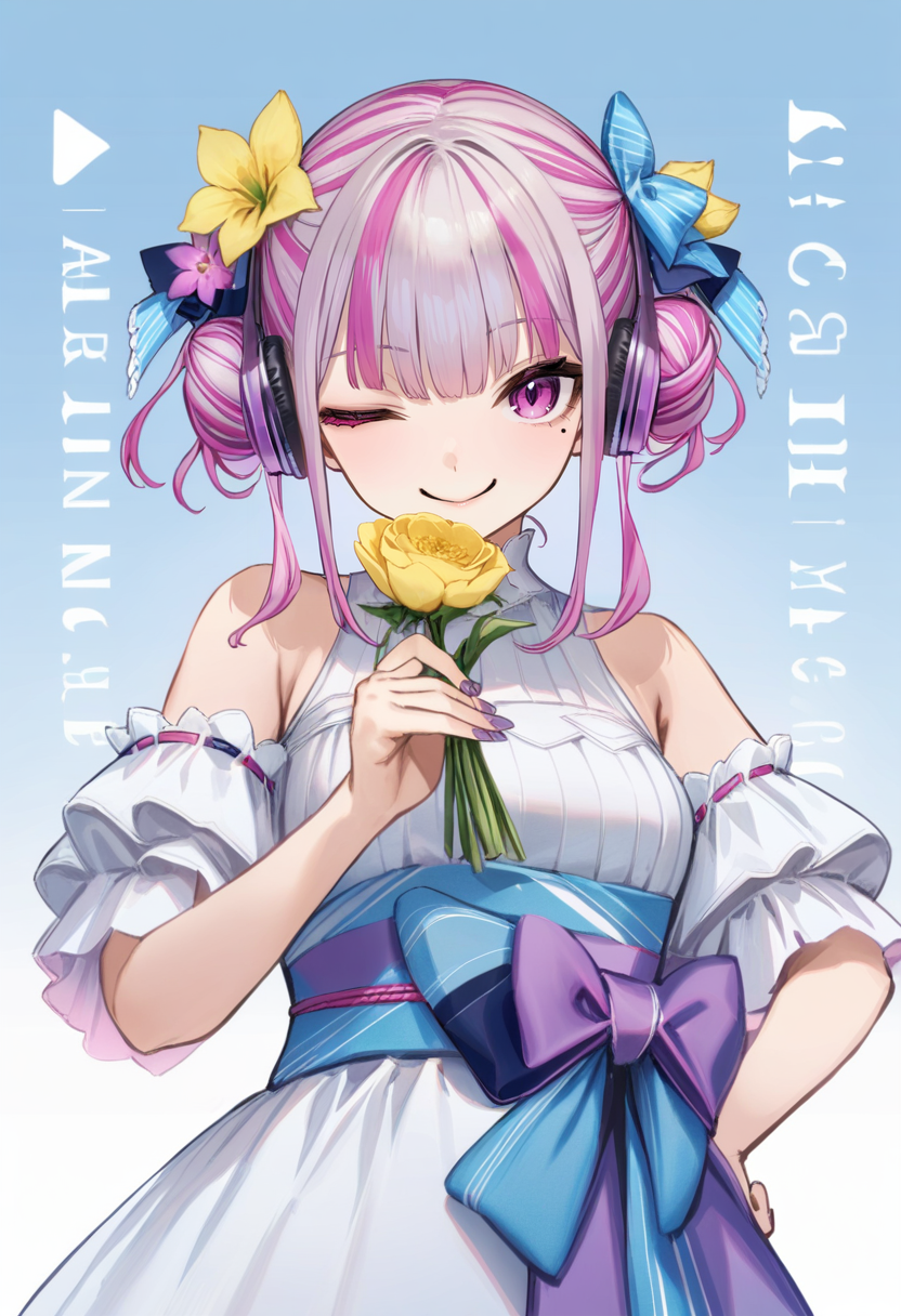 1girl, 
flower, holding, double bun, solo, dress, hair bun, hair flower, smile, white dress, pink hair, hair ornament, bow, looking at viewer, holding flower, hair bow, bangs, yellow flower, sleeveless, blue bow, bare shoulders, multicolored hair, sleeveless dress, blunt bangs, virtual youtuber, straight-on, blue flower, pink eyes, white background, upper body, character name, sash, english text, purple nails, pink flower, mole under eye, two-tone hair, frills, headphones, heart on cheek, hand on own hip, frilled dress, obi, one eye closed, blunt ends, mole, streaked hair, blue background, gradient background, 
masterpiece, best quality
 <lora:michikingXL_ANI31_lokr_V4236:0.95>