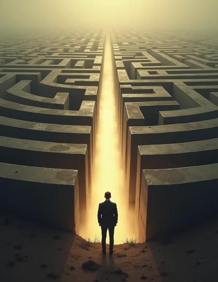 a solitary figure standing at the entrance of a vast and complex labyrinth. The person is seen from behind, wearing a dark suit or jacket, and is illuminated by a soft, glowing light that emanates from within the labyrinth. The maze itself is made of high, imposing walls that stretch far into the distance, with the pathways creating intricate and sharp turns.
The atmosphere of the image is both mysterious and somewhat ominous, with a muted color palette dominated by shades of brown, beige, and black. The light source creates a strong contrast between the dark shadows of the labyrinth and the illuminated areas, emphasizing the depth and scale of the maze. The surrounding environment appears desolate, with what seems to be dried vegetation or roots at the base of the labyrinth, adding to the sense of isolation.
This scene can be interpreted as a metaphor for a challenging journey, decision-making, or the complexity of life, where the figure is about to embark on a daunting path filled with uncertainty and obstacles. The mood is introspective, inviting the viewer to ponder the unknown challenges that lie ahead for the figure.