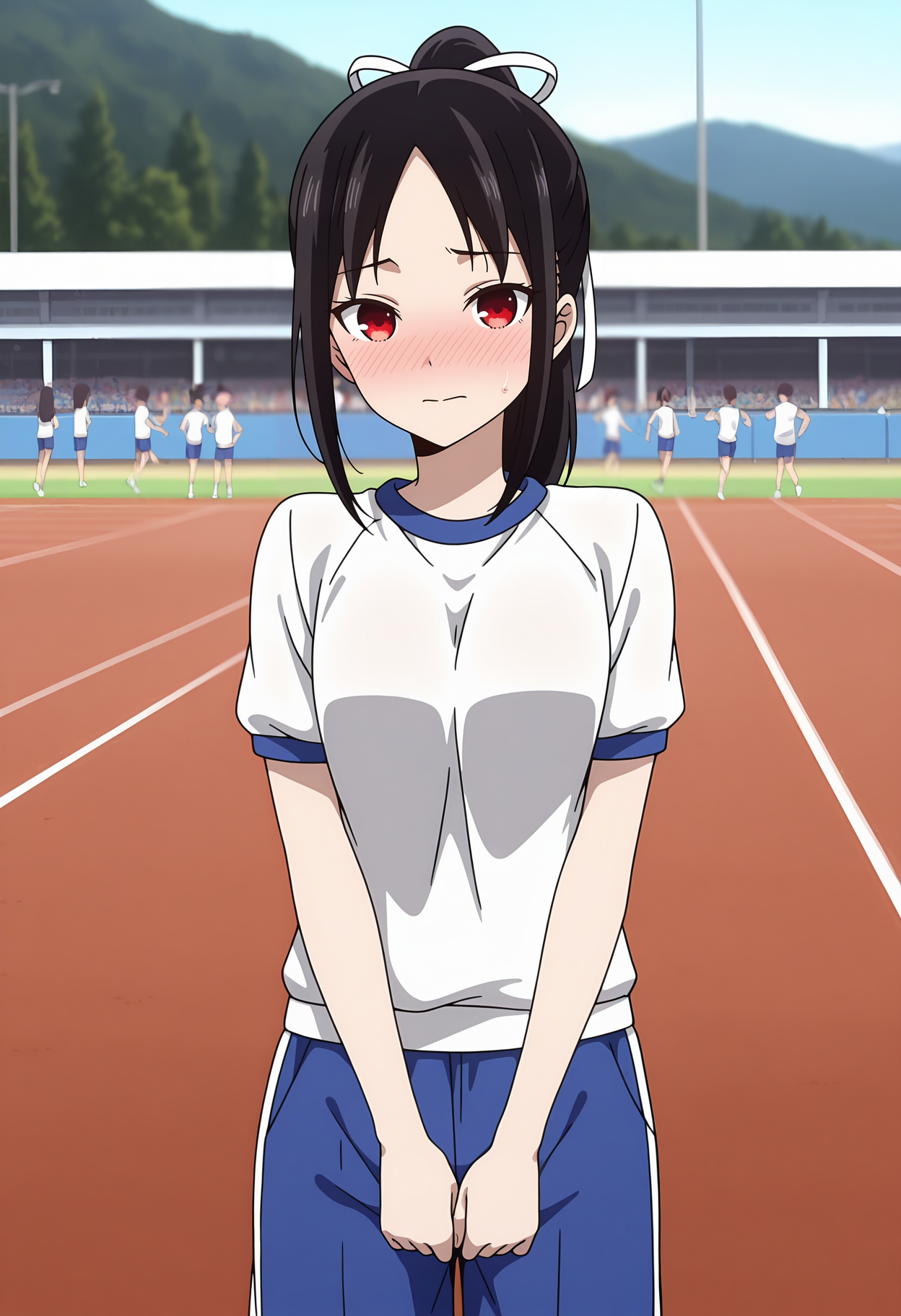 anime screencap, masterpiece, best quality,
<lora:Kaguya-samaWaKokurasetai_ShinomiyaKaguya_IlluXL:0.9>,
1girl, people, closed mouth, nose blush, embarassed,
high ponytail, long ponytail, parted bangs, black hair, red eyes, no pupils, hair ribbon, white ribbon,
gym shirt, white shirt, short sleeves, gym shorts, blue shorts,
standing, looking at viewer, cowboy shot,
track and field, photo background, blurry background