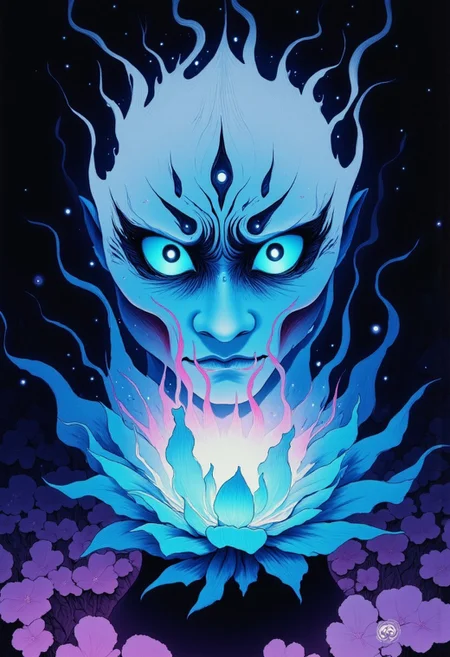 high definition digital animation depicting a cursed hannya mask radiating an eerie cyan and magenta aura blooming out of a blue lotus in a liminal bonsai garden, Studio Ghibli Dark Fairytale