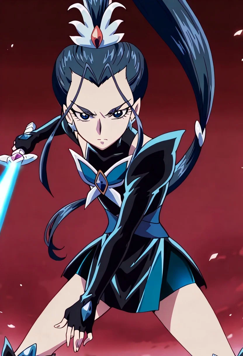 anime screencap, anime art style, yes! precure 5, dark precure 5, dark aqua, precure, 1girl, solo, weapon, sword, energy sword, serious, ponytail, long hair, blue eyes, gloves, hair ornament, magical girl, wide ponytail, red background, blue hair, skirt, jewelry, black hair, fingerless gloves, dynamic pose, Hero Sword Technique,Hira Seigan stance,Sword held at an angle,Aggressive offensive stance