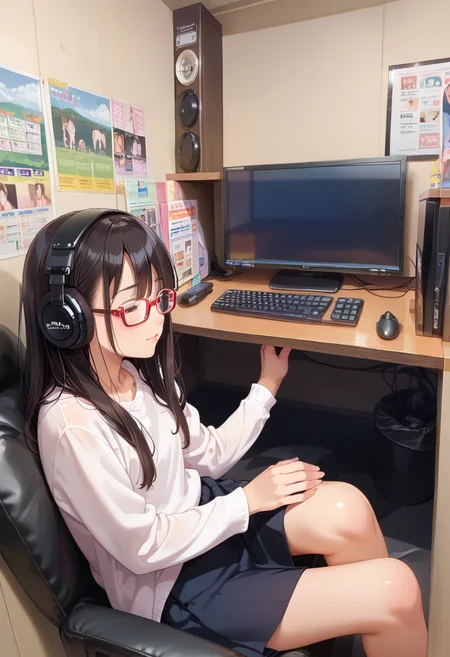 score_9, score_8_up, score_7_up, rating_safe, masterpiece, best quality, absurdres, unity 8k wallpaper, official art, official style, source_anime, uncensored, game cg, megami magazine,
1girl, glasses, solo,
necafe, scenery, headphones, keyboard (computer), sitting, monitor, black hair, computer, mouse (computer), chair, indoors, desk
<lora:NetCafe_PONY_V1:1>