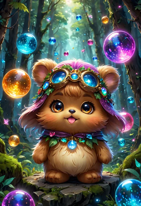 kawaii style an ewok mystic, enchanted forrest, colorful ethereal orbs floating in the air,  <lora:SDXLFaeTastic2400:0.3>,  <lora:huge_anime_eyes:0.4> huge anime eyes, . cute, adorable, brightly colored, cheerful, anime influence, highly detailed