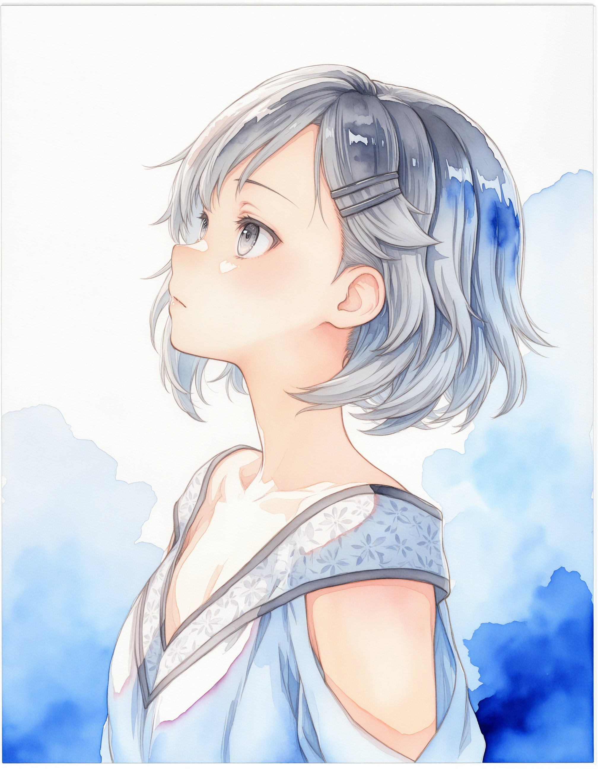 1girl, <lora:orikishi_mitsu:1> ,orikishi_mitsu,mitsu_dress,
(watercolor \(medium\):1.2), upper_body,(from_side:1.2),looking_up,