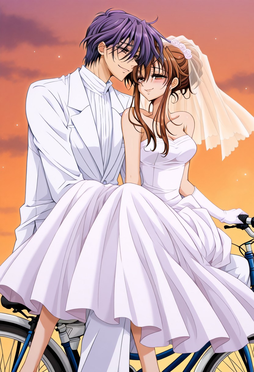 masterpiece, best quality, newest, highres, uncensored, 1girl, yokota mamoru style,1girl, slender face，motion lines,looking at the viewers,torogao,seductive smile,blush
Kudou Chiharu,Brown Hair, Long Hair,brown Eyes, Tareme Eyes,Slim
1girl, 1boy, dress, wedding dress, multiple riders, hetero, couple, veil, ground vehicle, long hair, bride, bridal veil, sunset, sidesaddle, brown hair, retro artstyle, bicycle, purple hair, gloves