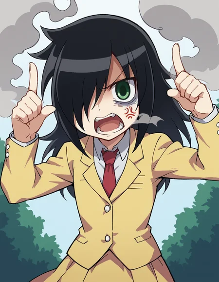 score_9, score_8_up, score_7_up, source_anime, <lora:tomoko-kuroki-s1-ponyxl-lora-nochekaiser:1>, tomoko kuroki, long hair, black hair, green eyes, hair over one eye, bags under eyes,, skirt, school uniform, necktie, blazer,, cooling tower, smoke, power, plant, height, , <lora:horns-pose-ponyxl-lora-nochekaiser:1>, horns pose, index fingers raised, angry, steam, open mouth, shouting, anger vein,, looking at viewer, solo,, dutch angle, cowboy shot