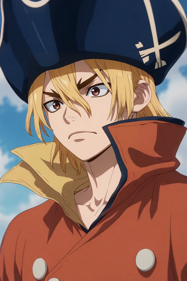 score_9, score_8_up, score_7_up, , rating_safe, , (3d:0.4), , depth of field, 1boy, solo, male focus, <lora:ryuusui_nanami_pony:0.78>, ryuusui_nanami, blonde hair, brown eyes, hair between eyes, pirate hat, , , <lora:sdxl_lightning_8step_lora:1>