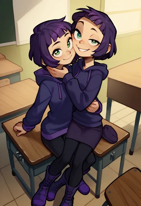 score_9, score_8_up, score_7_up, score_6_up, score_5_up, score_4_up, 2 girls in image, sitting on desks, smiling, looking at viewer, arms around each other, friends, 
BREAK, 
1 girl, square head, green eyes, squinch, round eyes, long hair, dark blue hair, dark blue dress sweater, black leggings, small black boots, 
BREAK
1 girl, short hair, purple hair, long eyelashes, purple hoodie, purple skirt, purple shoes, , hood up