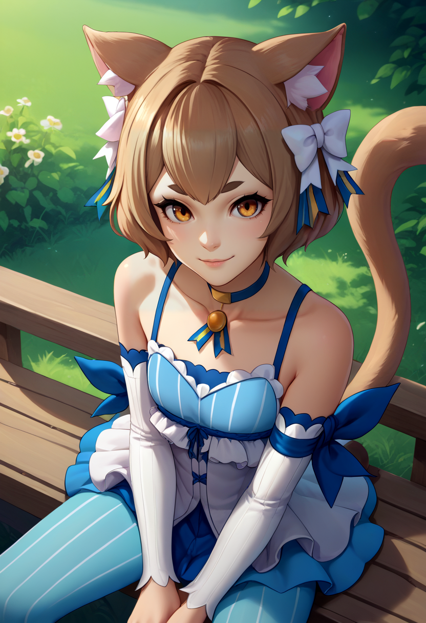 score_9, score_8_up, score_7_up, source_anime, solo, 1girl, felix argyle, otoko no ko, smile, looking at viewer, sitting, hair bow, dress, striped, ribbon, detached sleeves, pantyhose, blue choker, tail, collarbone, bare shoulders, outdoors <lora:rezero_felixargyle_ponyXL:1>